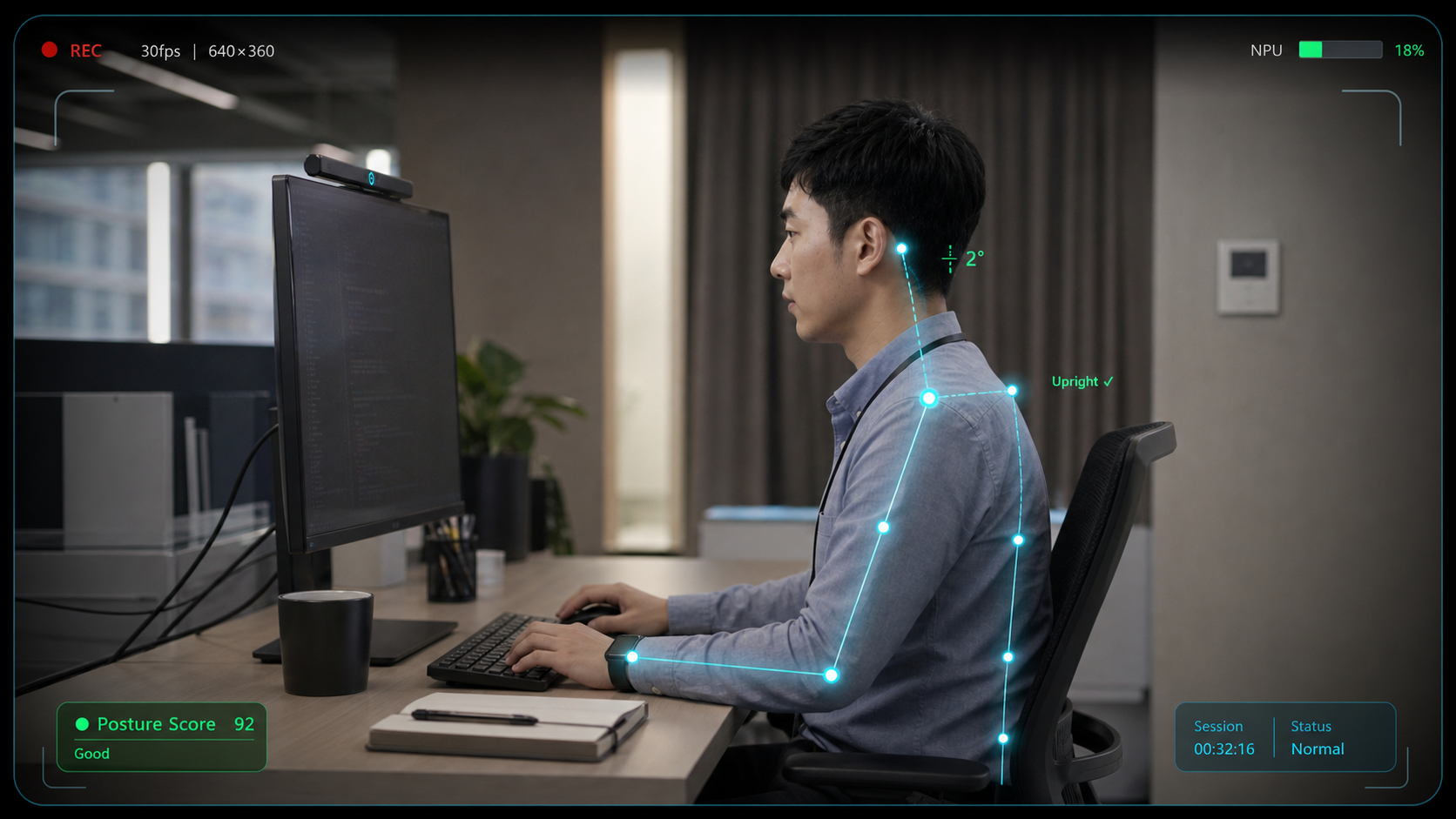 DeskGuard AI 端侧实时姿态检测画面