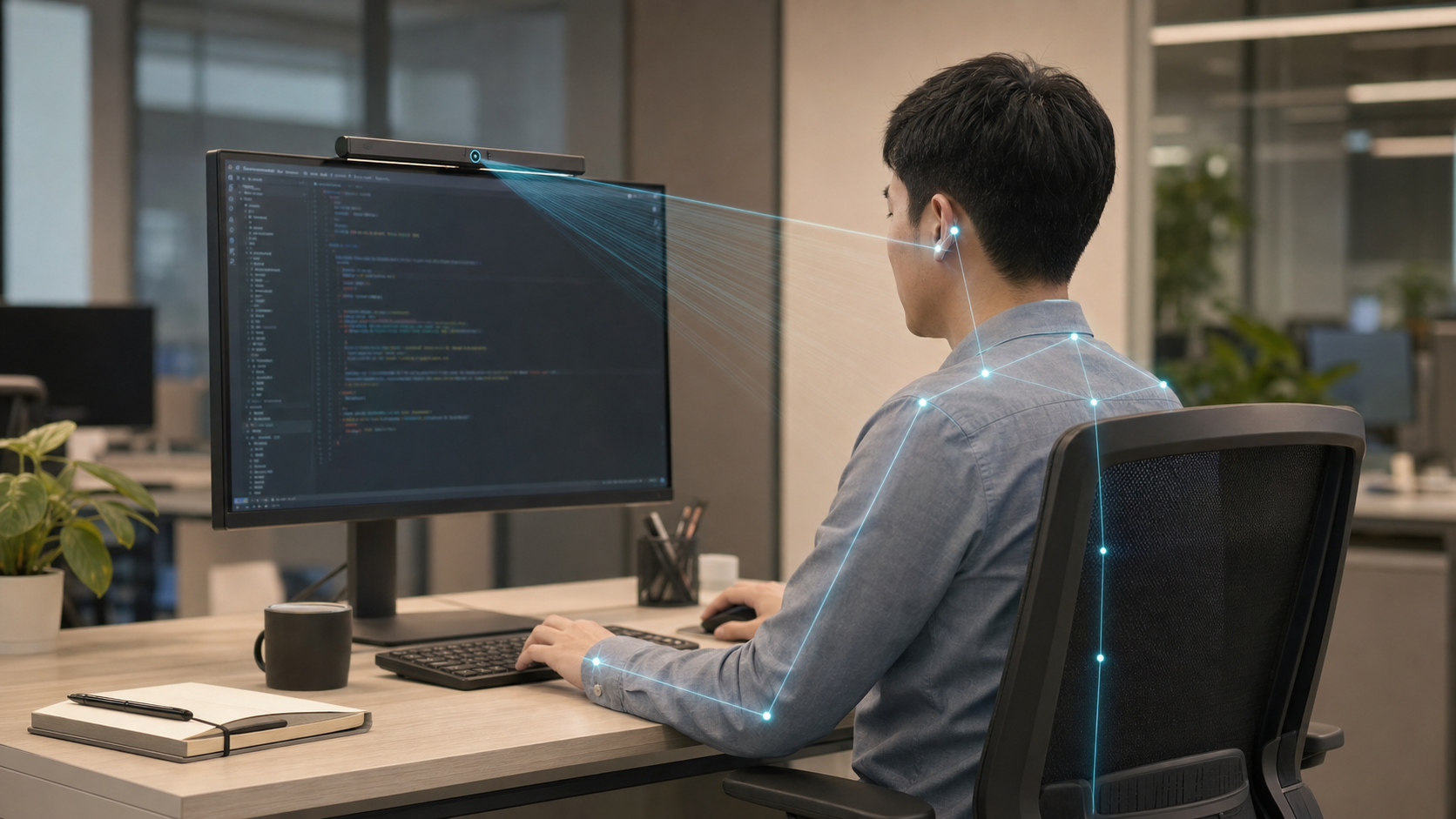 DeskGuard AI device scanning posture in a realistic office scene