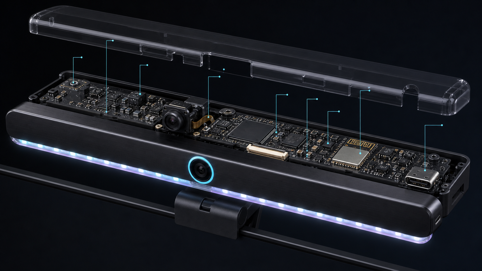 DeskGuard AI 产品透视拆解图，展示主控、摄像头、环境传感器、LED 与 USB-C 接口